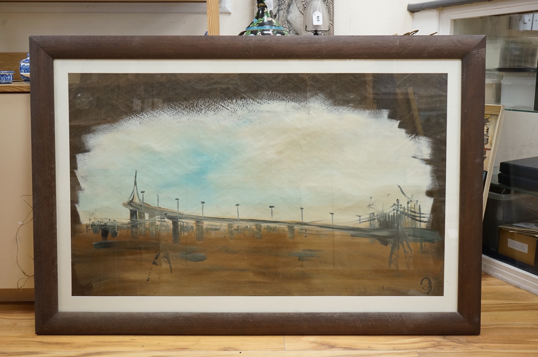 Contemporary, Riverscape with bridge, indistinctly monogrammed, oil on paper, 69 x 116cm